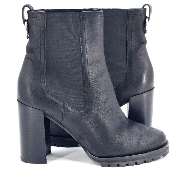 PAIGE Shoes - Paige Lug Sole Silver O-Ring Black Leather Almond Toe Boots Booties Womens 7